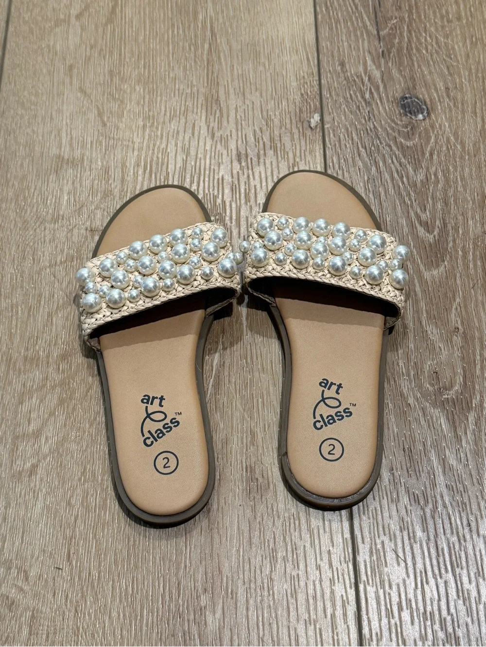 art class Pearl-Studded Tan Slide Sandals - Girls